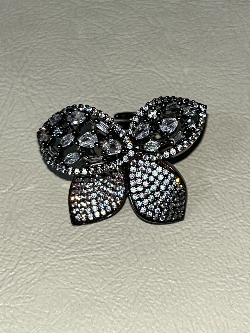 Sparkling Floral Butterfly Ring - Black and Clear Crystals
